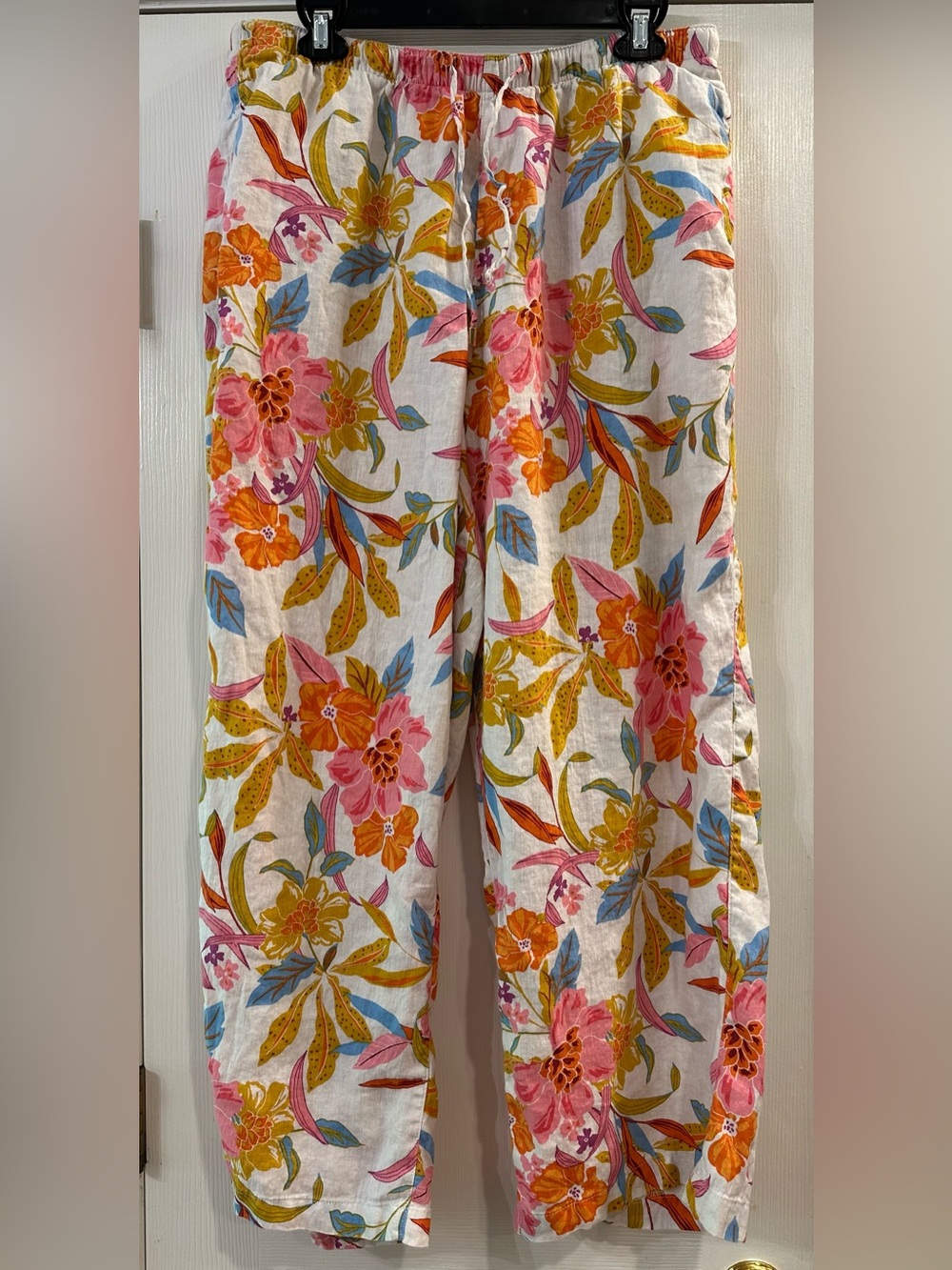 C & C California  Linen  Wide-Leg Pants - Blue, Orange & Pink Tropical Floral XL